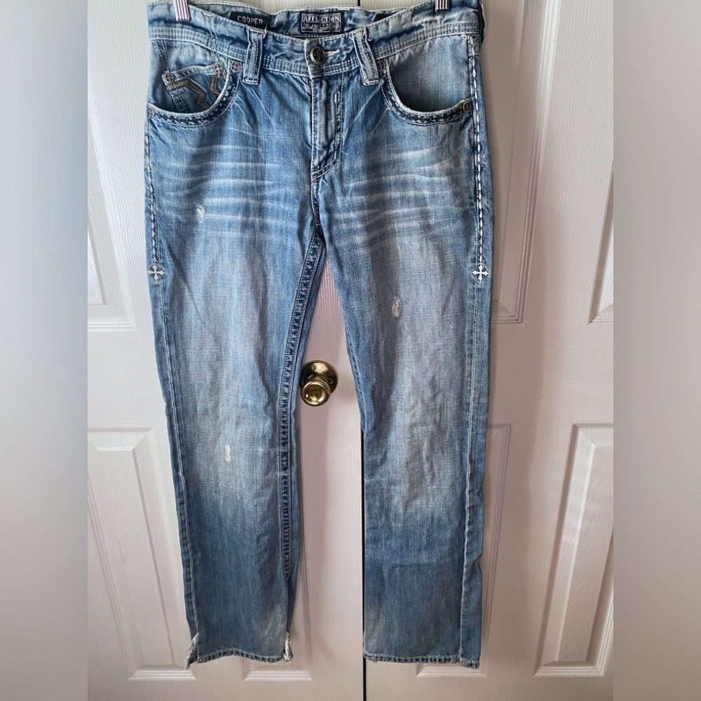 AFFLICTION Cooper Light Wash Distressed Straight Leg Denim Jeans 31
